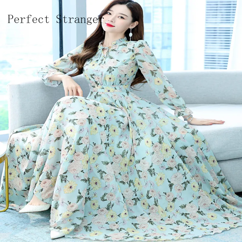 2022 Spring Summer New Arrival  Vestido De Mujer Hot Sale Flower Printed Long Sleeve Women Chiffon Long Maxi Dress High Quality