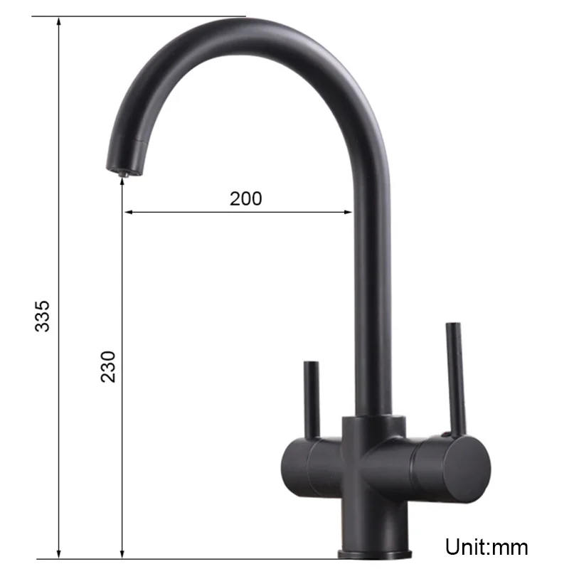 ROVOGO Matte Black Dual Handle Filtered Crane For Kitchen, 360 Rotation Water Filter Tap Three Ways Sink Mixer Kitchen Faucet