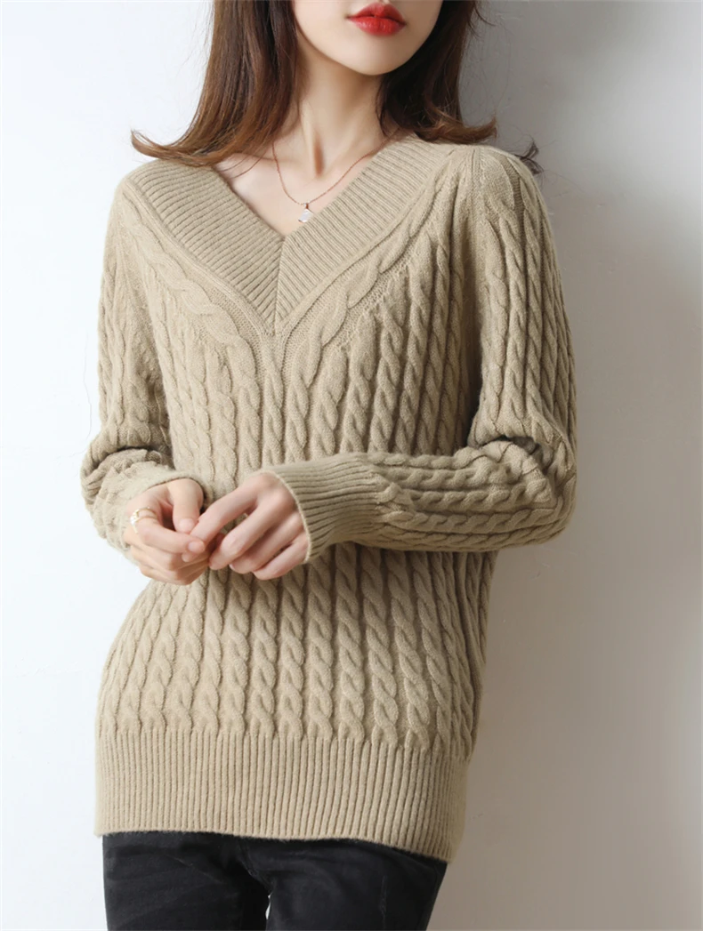 Cashmere sweater women V-Neck sweater pure color knitted turtleneck pullover  loose large size sweater women