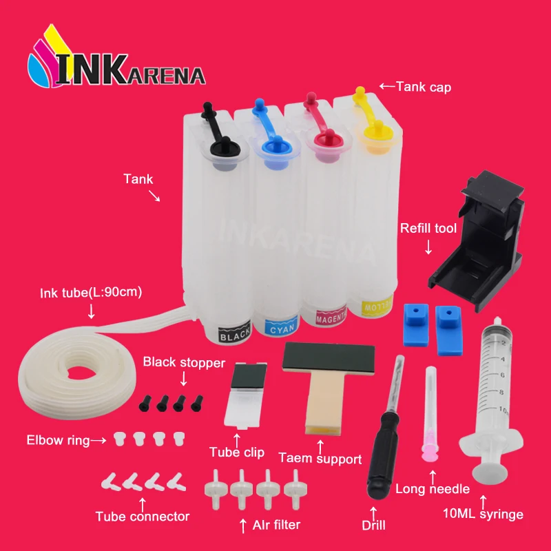 INKARENA 4 Color Ciss Ink Kit Replacement for HP 652 652XL Deskjet 1115 2135 2136 2138 3635 3636 3835 4535 Inkjet Printer Tube