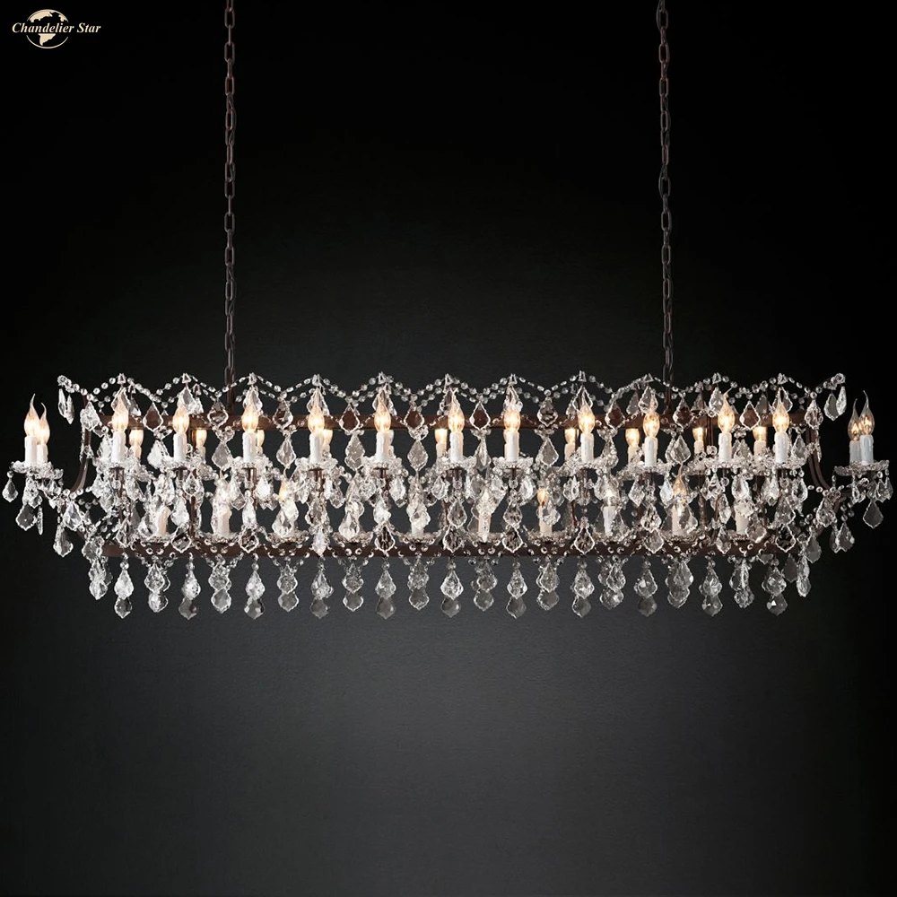 

19th Century Rococo Iron Crystal Rectangular LED Chandelier Style Dining Room Kitchen Island Pendant Light Fixture