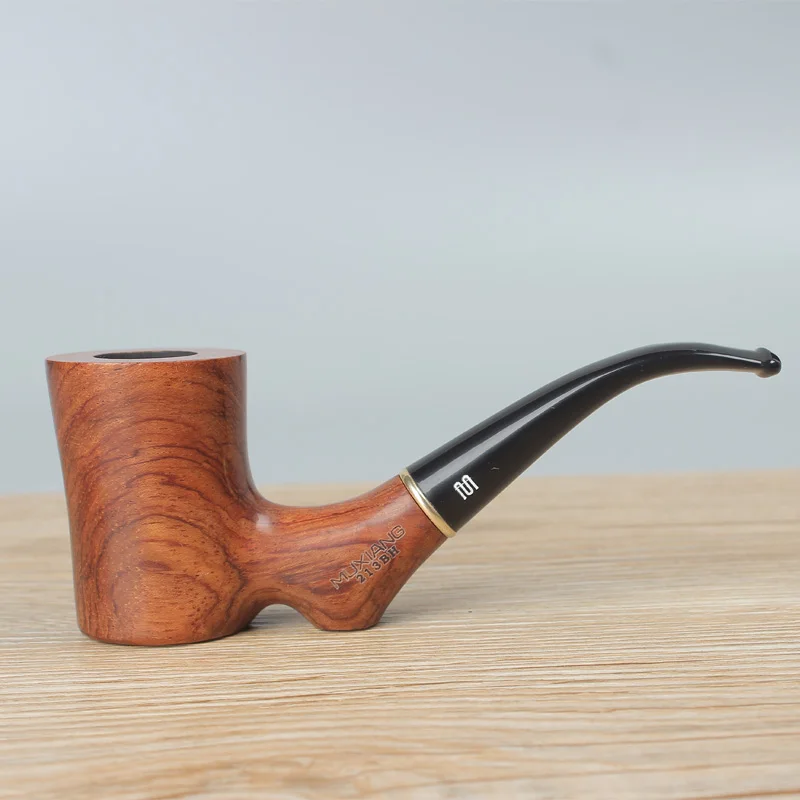 RU-Handmade Rosewood Smoking Pipe Smoker Flat Bottom Tobacco Pipe 9mm Filter Bent Stem With Ring