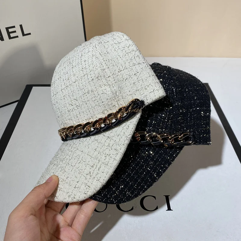 USPOP New Winter Autumn Chic Casual Outdoor Cap Women‘s Tweed Baseball Caps with Chain