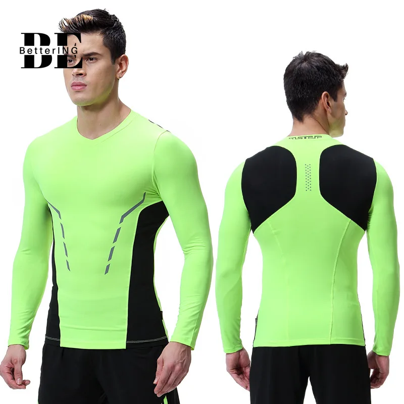 2021 Male Sports Tights Long Sleeves Breathable Quick-dry Fitness Wear Running Football Training High Elastic V-neck Sportswear