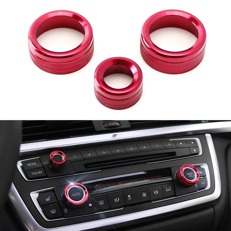 AC Climate Control and Radio Volume Knob Ring Covers for BMW 1 2 3 3GT 4 Series (F20 F22 F30 F31 F32 F33 F80 F82 F87) 3Pcs Red