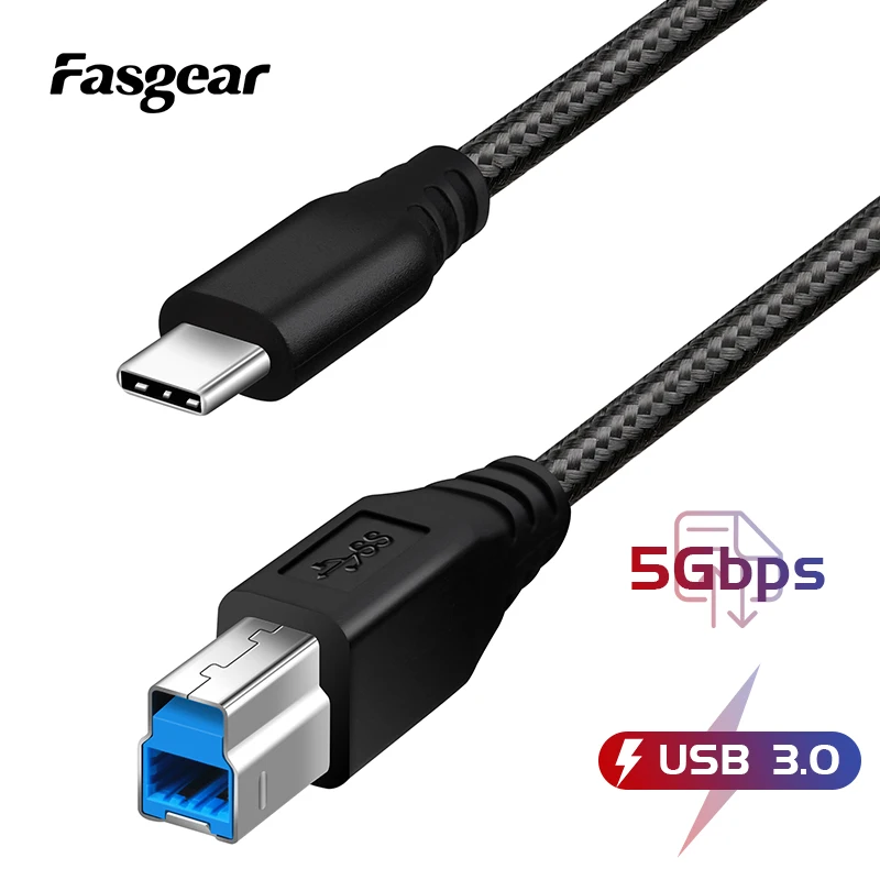 Fasgear Type-C 3.0 Printer Cable Type-C to USB B 5Gbps Fast Speed Cord for MacBook HP Computer PC Laptop Scanner USB Printer