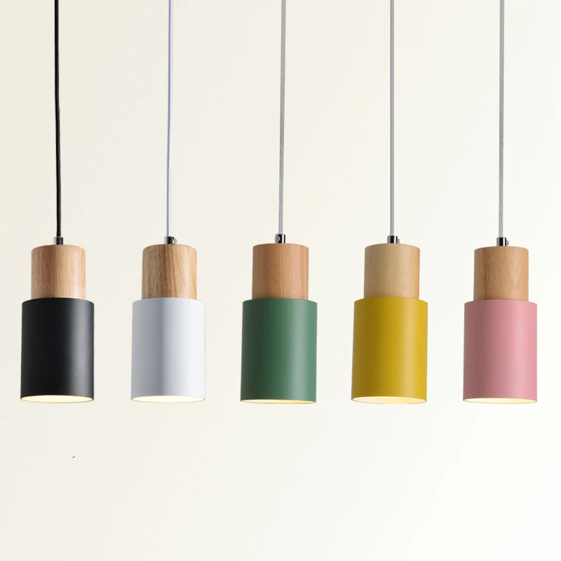 

Nordic led wooden pendant lights modern wrought iron painted metal macaron hanging lamp pink white green dining room home deco