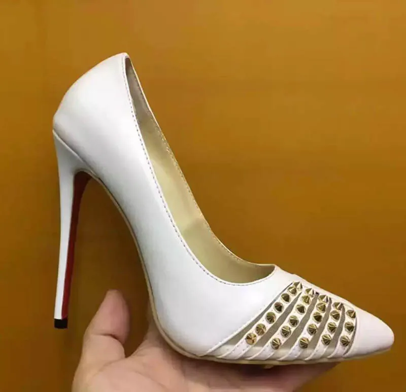 Sexy Metal Rivets Studs Mesh Patched Pump White Leather Pointed Toe Women Pumps Stiletto Heels Slip On Party High Heels Shoes