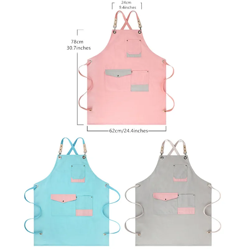 Gray Pink Blue Cotton Apron Restaurant Barista Bartender Bistro Pastry Chef Catering Uniform Florist Flower shop Workwear E64