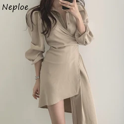 Neploe Short Irregular Shirt Dress Women Korean Chic Autumn Temperament Robe Lapel Collar Single Breasted Waist Vestido