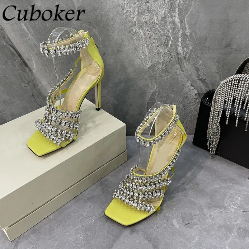 

Luxury Brand Women Crystal Women Sandals Square Toe Rhinestone Bling Slides Summer Party Dress Wedding Shoes For Women Mujer
