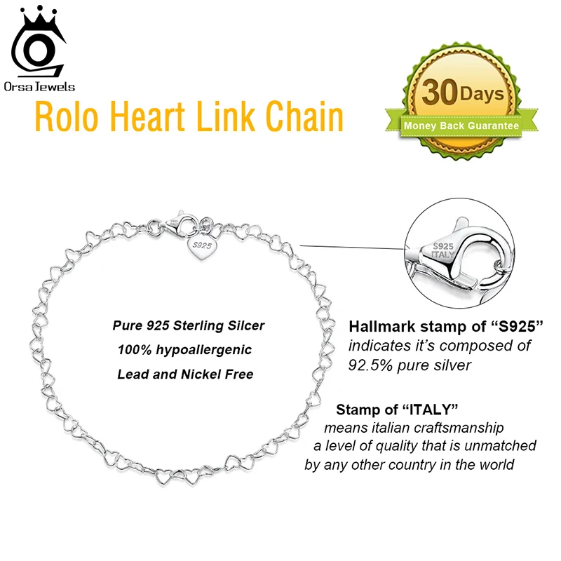 ORSA JEWELS Real 925 Sterling Silver 3.5mm Rolo Heart Link Chain Anklet 10\