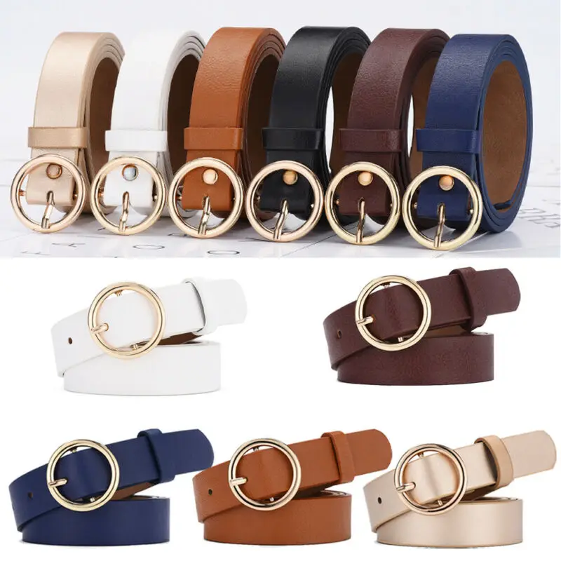 Fashion Women Belt Classic Solid Leather Waistband Versatile Circle Buckle Wide Belt Blue Khaki Black White Champagne