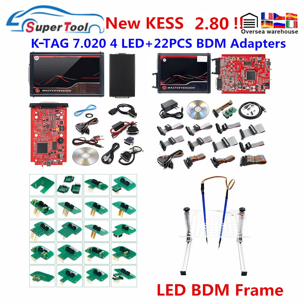 Newly KESS 2.80 V5.017 EU Red Online K-tag 2.25 V7.020  OBD2 Auto Manager Tuning Kit K-tag 7.020 4 LED Car ECU Programmer Tool