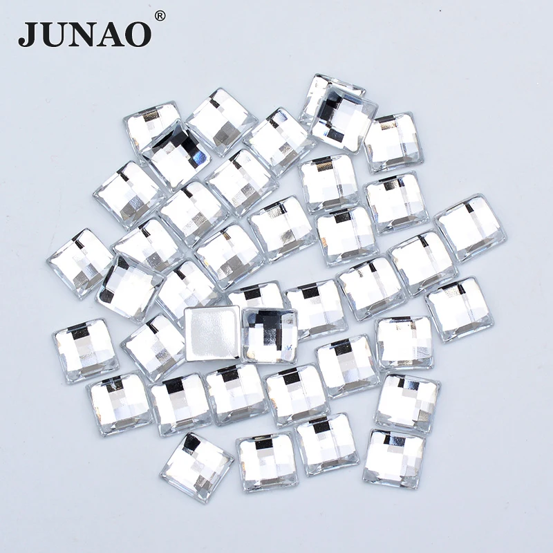 JUNAO 8 10 12 14 16 mm Square Crystal AB Rhinestones Acrylic Applique Flatback Non Hot Fix Crystals Stones for Needlework Crafts