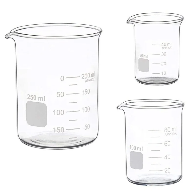 1 Pack Glass Measuring Low Form Beaker Set 50ml 100ml 250ml Glass Graduated Beaker Set