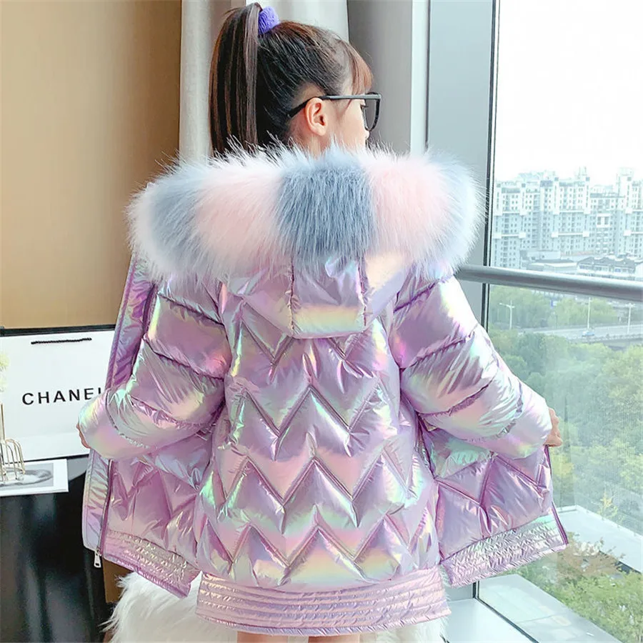 2023 Winter Shiny Jacket For Girls Hooded Warm Children Girls Winter Coat 3-14 Years Kids Teenage Cotton Parkas Outerwear