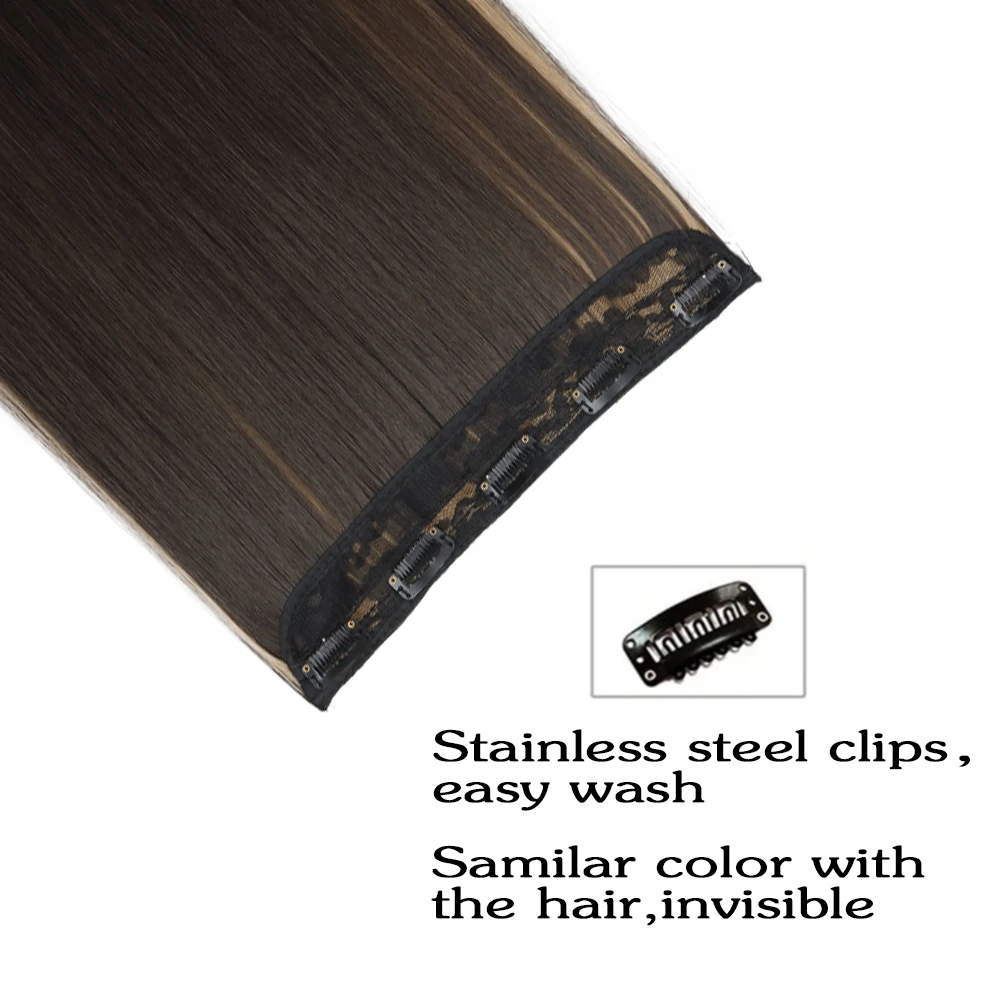 AZQUEN Synthetic 5 Clips Long Straight  Hair Extensions Clips in High Temperature Fiber Black Brown Hairpiece