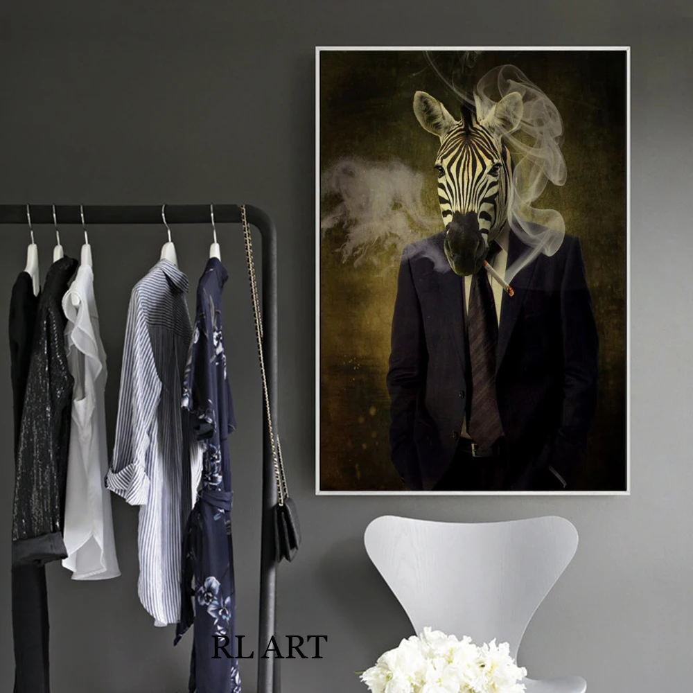 Modern Animal Portrait Posters and Prints, Wall Canvas Art, Mr Zebra Smoking in a Suit Picture for Living Room, Home Decor
