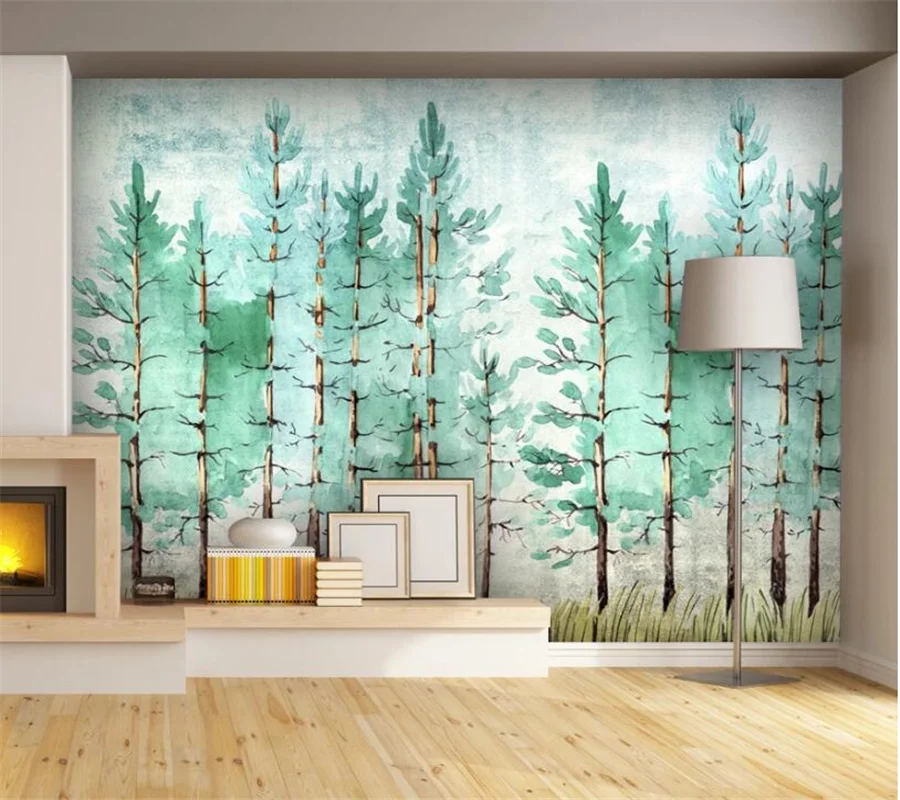 wellyu Custom large mural Nordic watercolor painting simple electric green forest view background wallpaperpapel de pare