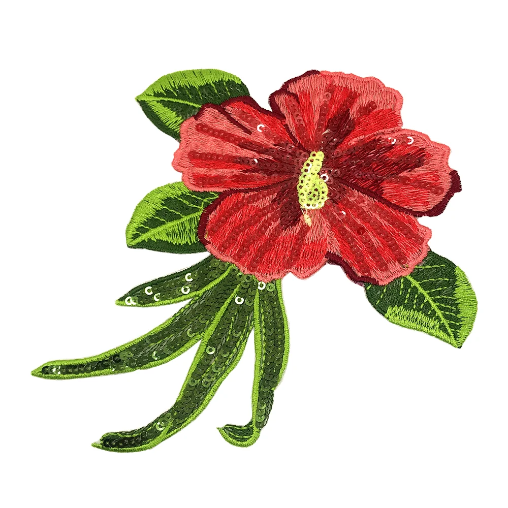 2pc Hibiscus Embroidery Patch Sequin Beaded Patches For Clothing Flower Sticker Embroidered Appliques Iron On Parches AC1578