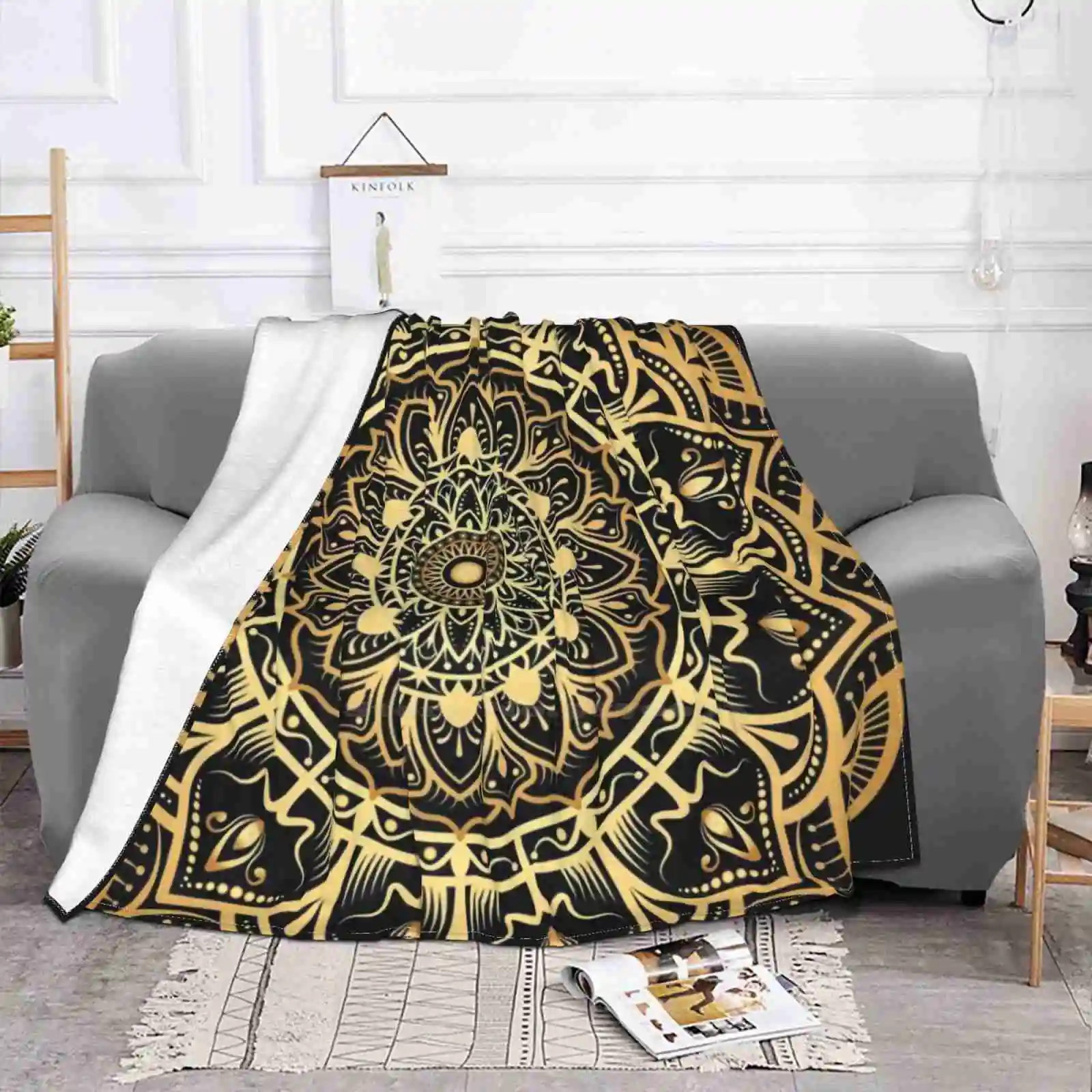 Luxury Gold Gradient Mandala Air Conditioning Blanket Travel Portable Blanket Symbol Round Islam Style Wallpaper Texture Frame