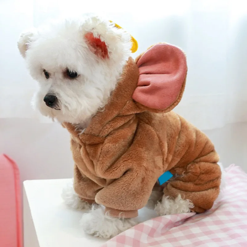 Pet Dog Costume Cute Plus Velvet Warm Cheese Mouse Big Ears Hoodies Coat Winter Warm Fleece Jumpsuit Puppy Cat Dog Clothes