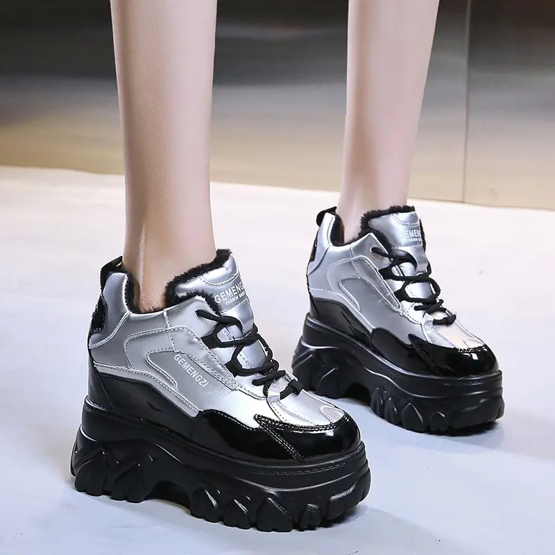 Winter Lace Up Wedges Casual Shoes Women Silver Chunky Sneakers 11cm Platform Boots Tenis Walking Shoes Trainers Dad Shoes Woman