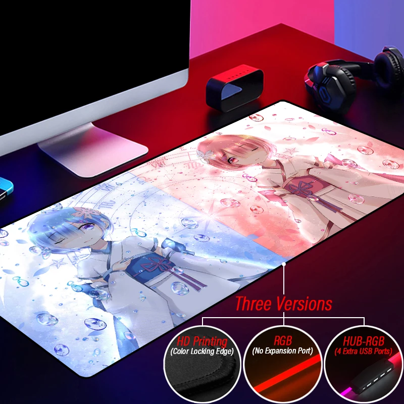 Cute Kawaii Mouse Pad RGB Japan HUB PC 4 Port USB Illuminate Read-write Desk Mat Custom Emilia Rem Ram Mousepad Playmat