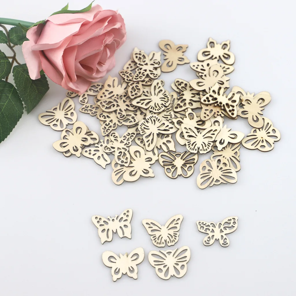 50pcs Wood Hollow Out Butterfly Shape Crafts Unfinished Wooden Pieces Cutouts Embellishments Wood Ornament for DIY Art