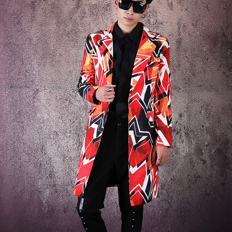 Bar Nightclub Stage Concert Male Singer Customized Blazer Geometric Pattern Long Coat Hip Hop Stage Costume