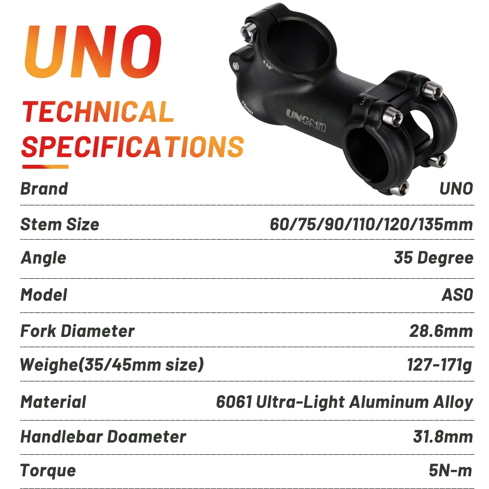 UNO Aluminum Alloy Bike Stem Riser 25.4/31.8mm 35 Degree Bicycle Handlebar Stem MTB Stems Cycling Equipment Parts Bike Potencia