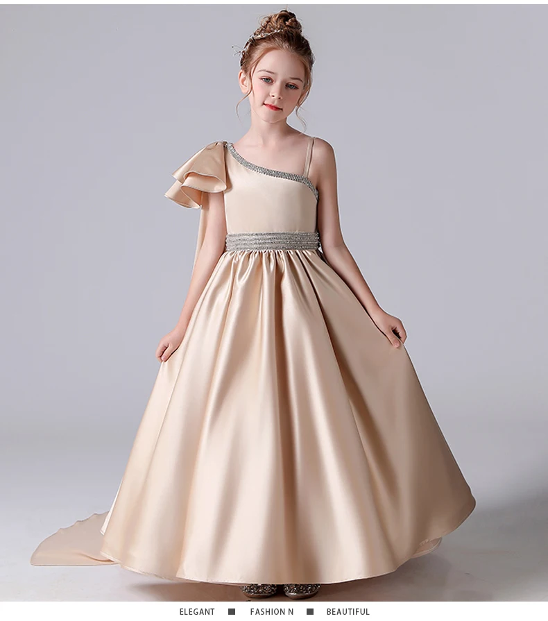 Dideyttawl Champagne Satin Ball Gown Flower Girl Dresses One Shoulder Girl Princess Wedding Party Dress