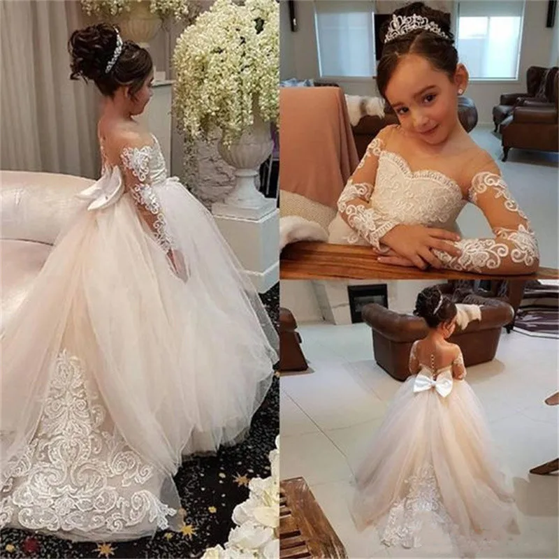 Cute Ball Gown Bow Back Flower Girl Dresses For Weddings Appliques Long Sleeves Princess Tulle Girl\'s Ceremonial Dress Vestido