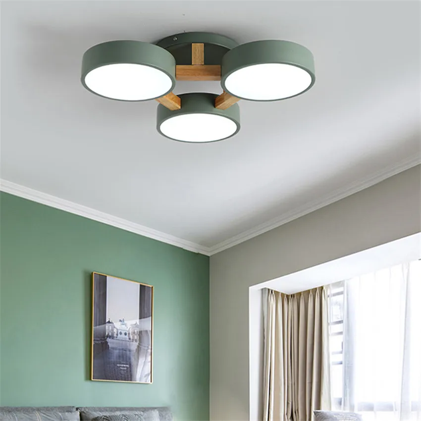 220V LED Ceiling Lights With Grey/Green/White Metal Lampshade For Living Room Wooden Modern 3 Colours Round Bedroom Ceiling Lamp