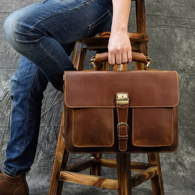 

Genuine Leather Men's Briefcase Cowhide 15 inch Laptop Business Bag Vintage Cowhide Shoulder Bag Man Office Handbag Portfolio