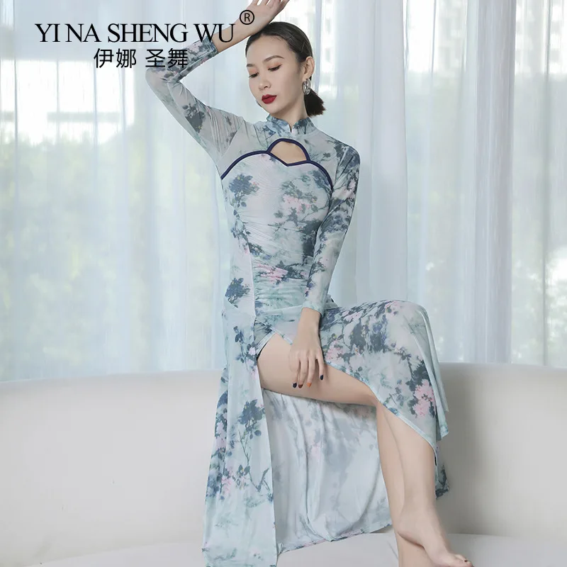 Cheongsam Stand-up Collar Classical Performance Clothing Mesh Printing Hollow Performance Clothing High Slit Practice Clothing