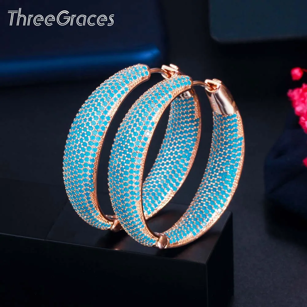 ThreeGraces New Fashion Big Light Blue Cubic Zirconia Circle Round Hoop Earrings for Women Wedding Party Costume Jewelry ER601