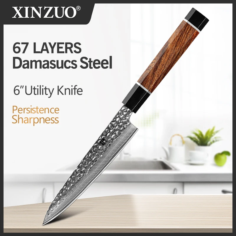 XINZUO 6\'\' Inch Utility Knife 67 Layers Japanese Damascus Steel Kitchen Knife Sharp Multi-purpose Knives with Ironwood Handle