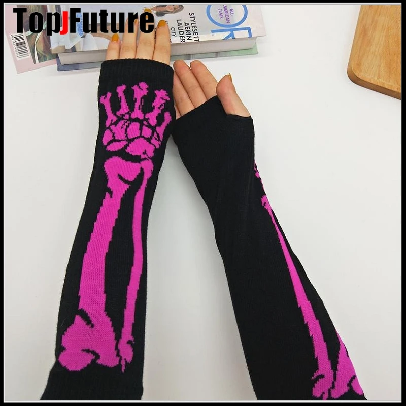 Harajuku Punk Arm Warmers Unisex Vintage Ins Bf White Spider Fingerless Gloves Streetwear Goth Casual skull Arm Warmers Female