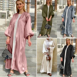 Eid Djellaba Abaya Dubai lśniąca miękka bufiaste rękawy sukienka muzułmańska jedwabista Abaya Dubai indyk sukienka muzułmańska Islam Abayas z paskiem