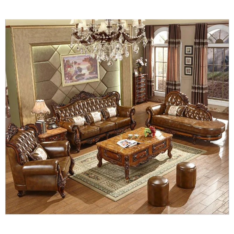 high quality  European  antique living room sofa furniture genuine leather set sf001