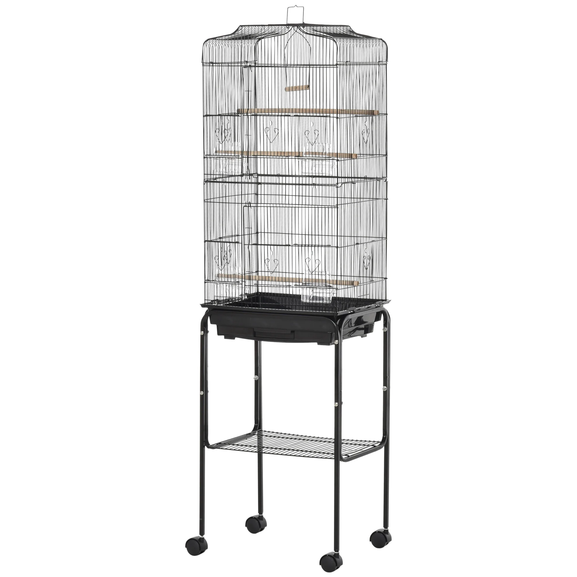 Pawhut Vogelkooi met 4-wielige standaard en voerbakken 46,5X36X157 cm Zwart