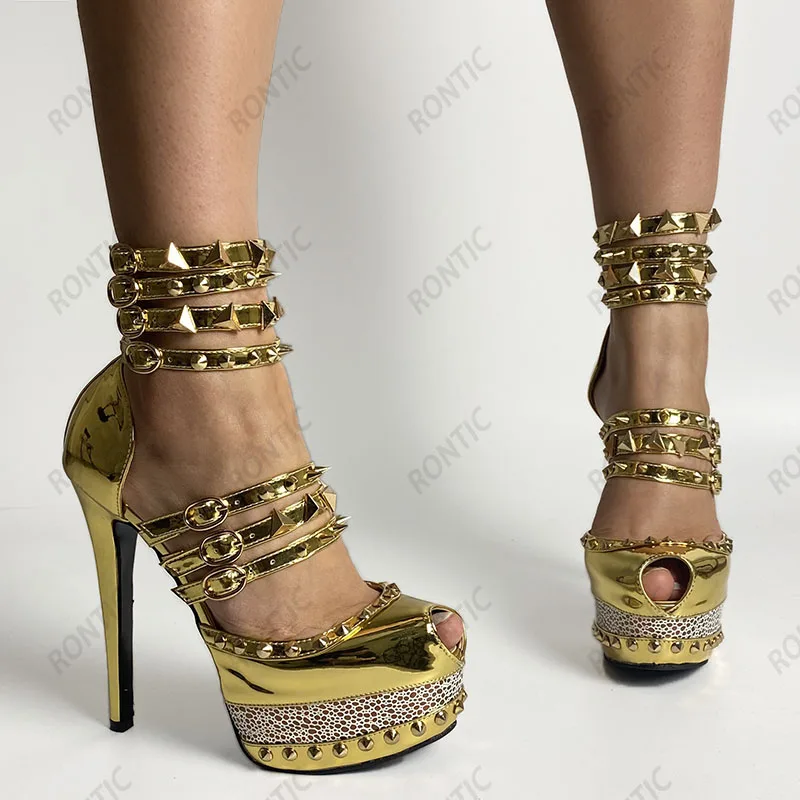 Rontic Handmade Women Platform Sandals Patent Studded Stiletto Heels Peep Toe Super Sexy Gold Silver Night Club Shoes Size 34-44