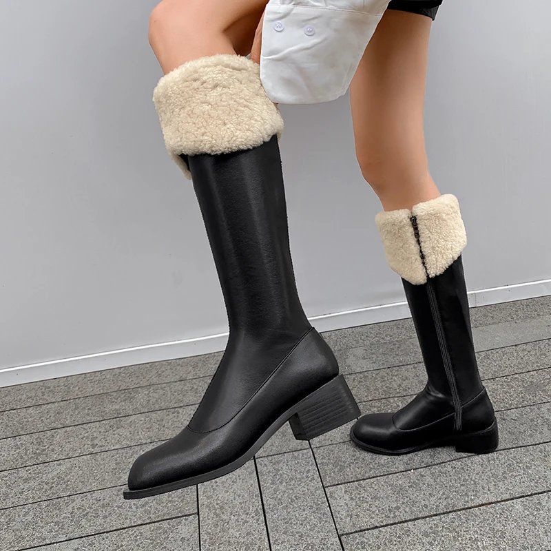 

Pop Nice Zipper Knee High Boots Women Soft Pu Leather Thick High Heels Long Boots Autumn Winter Woman Shoes Size 33-40