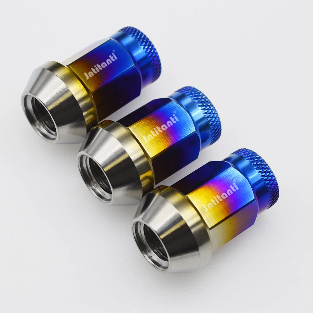 

Blue lightweight Gr5 titanium wheel lug nut with knurled open end M12*1.5*35