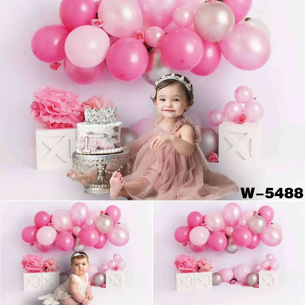 Pink Balloons Newborn kids Portrait Cake Smash Photography Backdrop 1st Birthday Party Banner Photocall Photo Studio W-5488