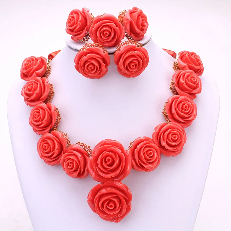 

Dudo Store Bridal Jewelry Set For African Traditional Weddings Nature Coral Flowers Necklace Set Free Shipping 3 pcs 2019 Gift