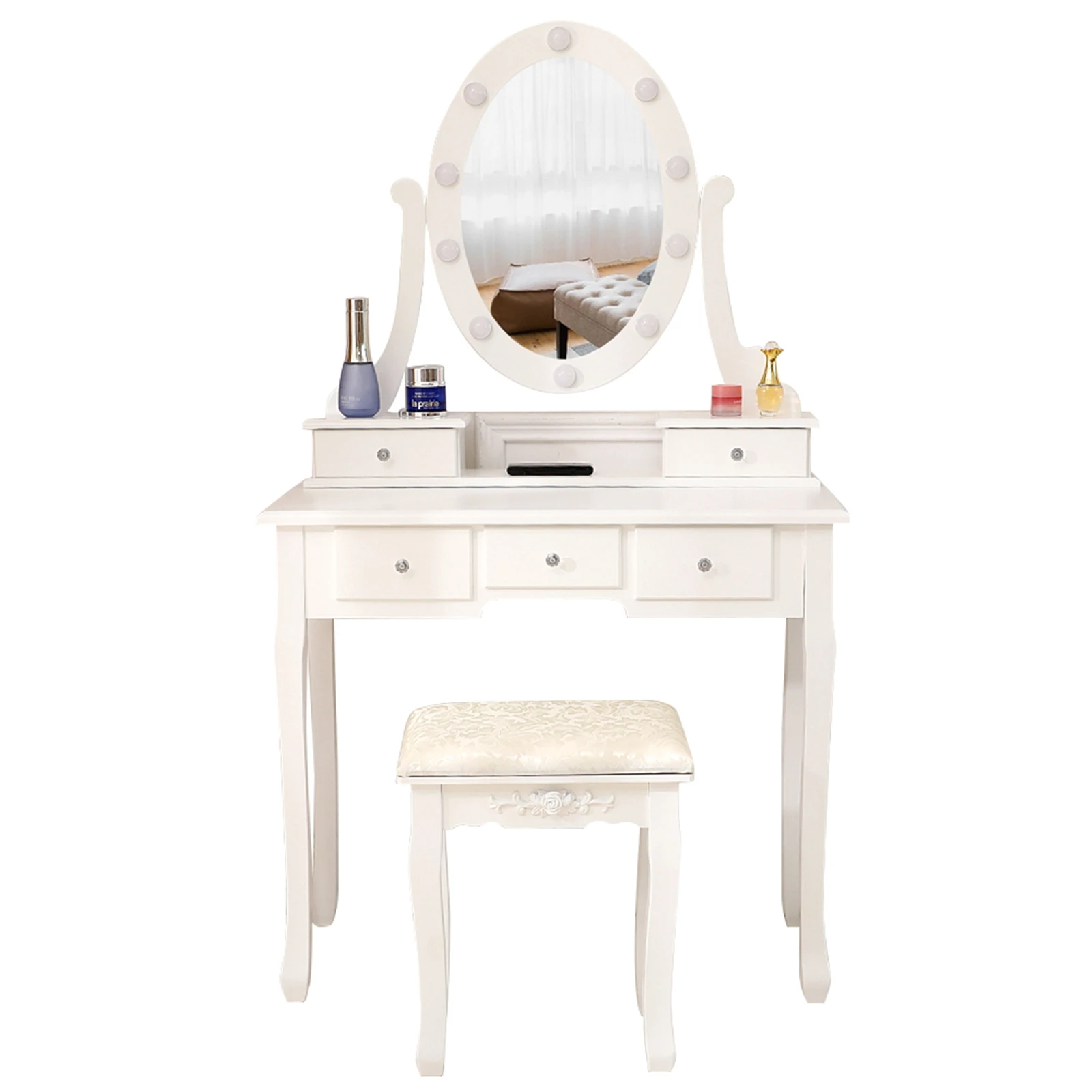 Single Mirror 5 Drawer Dressing Table With Light Bulb White Dresser