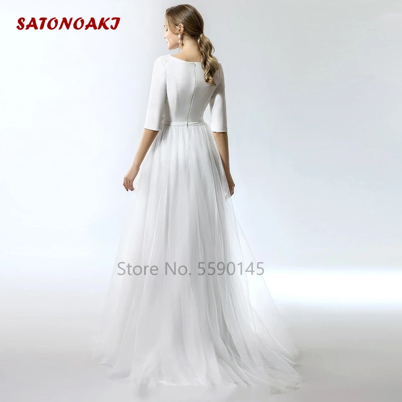 2024 New Simple A-Line Long Modest Wedding Dress With 1/2 Sleeves O-Neck Tulle Princesa Bridal Gown Vestido De Novia Robe Mariée